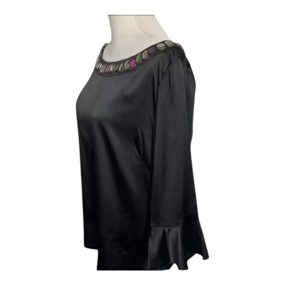 ECI New York Black Soft Satin Rhinestone Bell-Sleeve Blouse Size L Stretch Zip - Picture 6 of 12